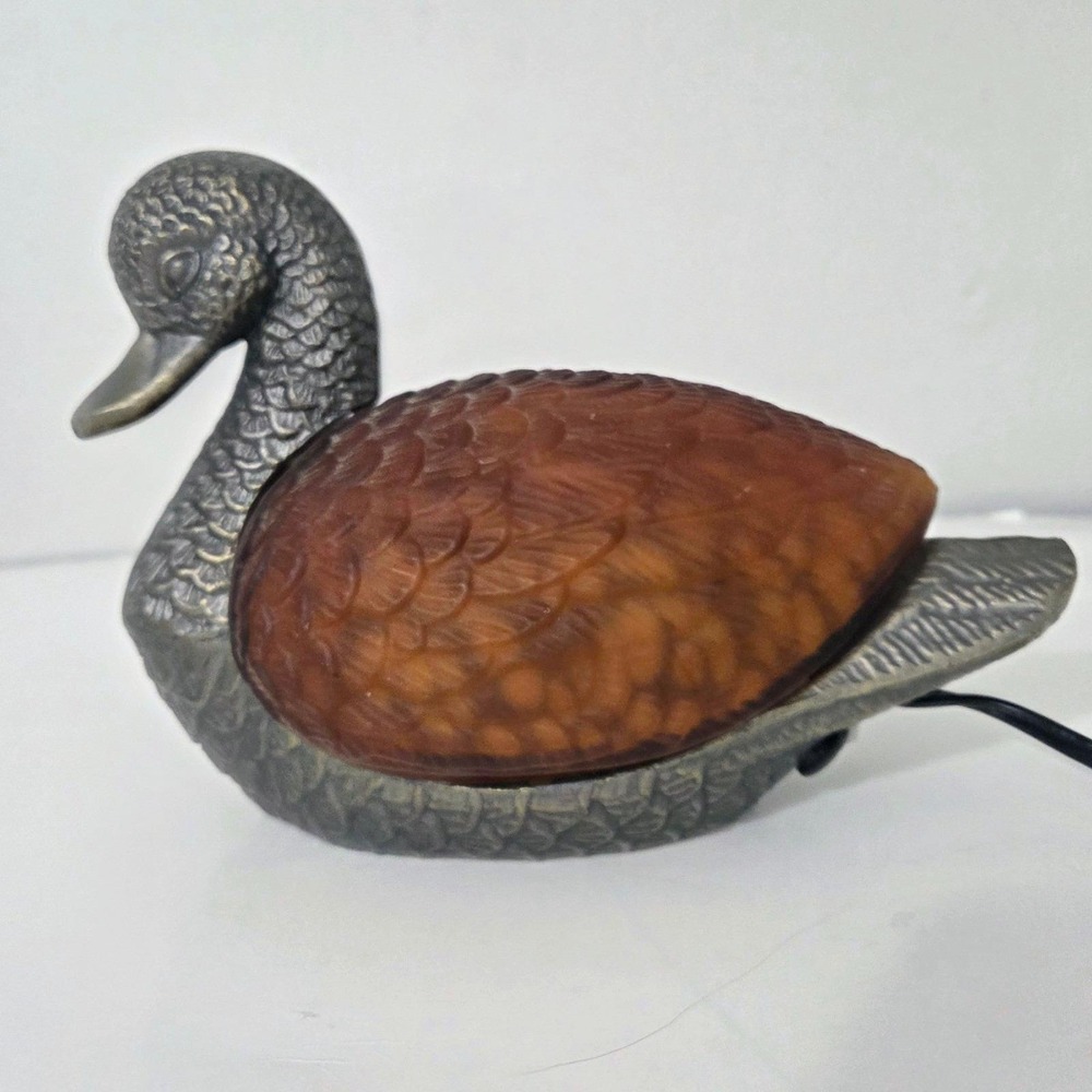 Tiffany Style Amber Slag Glass Duck Bird Mallard Brass Table Lamp Night Light - Picture 13 of 13